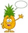 Happy Pineapple Fruit With Green Leafs Cartoon Mascot Character Waving For Greeting With Speech Bubble