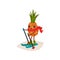 Happy pineapple on skis. Cartoon character of tropical fruit in red scarf. Physical activity. Skiing sport. Flat vector