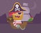 Happy pirate sail at night. Flat design cartoon style. Vector illustration