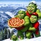 Happy Pizza Shop Worker Trolls Posing With Pizza On A Mountain