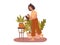 Happy plant lady. Young Afro-American woman plant lover taking care of houseplant. Girl watering a potted plant. Flat
