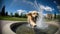 Happy playful dog having fun in the city park. Puppy playing in the fountain, shot on fisheye camera.