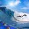Happy playful dolphins jumping on breaking wave