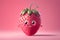 A happy and playful strawberry character on a pink background.