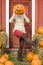 Happy, playful young woman having fun outdoors in the fall. She is holding a pumpkin jack-o-lantern in front of her face and