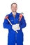 Happy Plumber Holding Plunger And Wrench