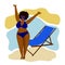 A happy, plump, dark-skinned girl in a blue bathing suit by the chaise longue. Body positive. Love your body. Girls on the beach.