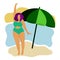 A happy plump girl in a green bathing suit at the sun umbrella. The body is positive. Love your body. Girls on the beach.