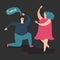 Happy plump woman and man dance vector. Cute fat dancing couple illustration