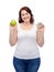 Happy plus size woman choosing apple or cookie