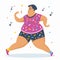 Happy plussize woman dancing joyfully music notes confetti around vibrant illustration. Overweight