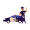 Happy policeman standing next to police car. Friendly cartoon character