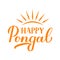 Happy Pongal calligraphy hand lettering isolated on white. South Indian holiday greeting card. Hindu harvest festival. Easy to