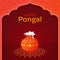 Happy Pongal Celebration Greeting Card With Traditional Dish In Clay Pot Over Rangoli On Red Arched Frame