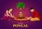 Happy Pongal celebrations banner, template or poster design. South Indian harvest festival with kids making Pongal on dark