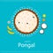 Happy Pongal Concept with Top View Of Traditional Dish (Rice) Filled Mud Pot, Fruits and Flower on Light Blue