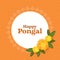 Happy Pongal Font Over White Round Frame With Kolam Symbol, Marigold Flowers, Leaves On Orange Dotted