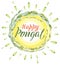 Happy Pongal lettering text. Harvest of rice and sun