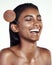 Happy, pores and a woman for skincare evaluation, acne search or cosmetic exam on a white background. Smile, laughing