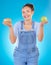 Happy, portrait and woman with burger, apple and choice in studio isolated on a blue background. Smile, fruit and person