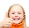 Happy positive blond girl in orange sweate