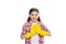 Happy positive housewife. happy kid in cleaning gloves. Detergents and cleaning accessories. Cleaning service, small