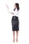 Happy positive pretty business woman in leather black skirt and white shirt selling product