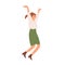 Happy positive woman jumping and expressing joy. Concept of victory celebrating. Cheerful energetic office worker