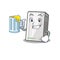 Happy power bank mascot design with a big glass