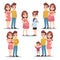 Happy pregnancy. Pregnant woman mom, man father and healthy lovely newborn baby. Young family cartoon vector characters