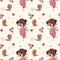 Happy pregnancy seamless pattern. Cute pregnant fairy girl on a gentle pink background with angel children, balloons and