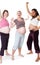 Happy pregnant and diversity women in studio or pregnancy portrait, mother to be with wellness success smile, white