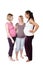 Happy pregnant friends talking in white background studio with pilates, health or yoga clothes. Mother, maternity and