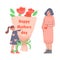 Happy Pregnant Mother and Her Little Daughter Bringing Flower Bouquet Congratulating Mom with Holiday Vector