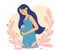 Happy pregnant woman. Cute female character. Decorated beautiful leaves. Happy pregnancy. Modern banner about pregnancy and