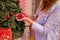 Happy Pregnant Woman Decorating Christmas Tree Enjoying Magic Holiday Atmosphere