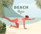 Happy pregnant woman doing yoga on the beach. Summer retreat.
