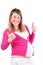 Happy pregnant woman thumbs up isolated