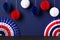 Happy President`s Day Banner Design. American flag colours paper fans and decorations. USA Independence Day, American Labor Day,