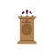 Happy Presidents day with brown podium with microphones. Wooden for conference and interview. National American holiday event.