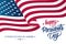 Happy Presidents Day celebrate banner with waving United States national flag and hand lettering holiday greetings.