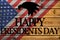 Happy Presidents Day greeting card on wooden background