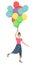 Happy pretty girl with balloons in her hands. Flying on a bunch of balloons
