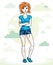 Happy pretty young red-haired woman standing on nature backdrop