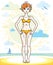 Happy pretty young red-haired woman standing on tropical beach a