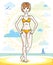 Happy pretty young red-haired woman standing on tropical beach a