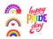 Happy pride day lettering quote. LGBT slogan with rainbows. Human rights and tolerance. Hand drawn poster. Vector