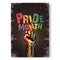 Happy pride month grunge poster with Rised LGBT fist colored in lgbt flag isolated on grey background. LGBT Pride month