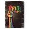 Happy pride month grunge poster with Rised LGBT fist colored in lgbt flag isolated on grey background. LGBT Pride month