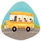Happy primary students riding school bus
